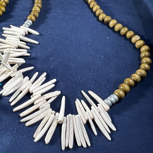 Bijou By Mary Square Wooden Beaded Necklaces With White & Blue Accents - Picture 2 of 6